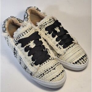 Zara Trafaluc Women's Size 7.5 Jewelred Ivory Tweed Fashion Lace Sneakers Shoes